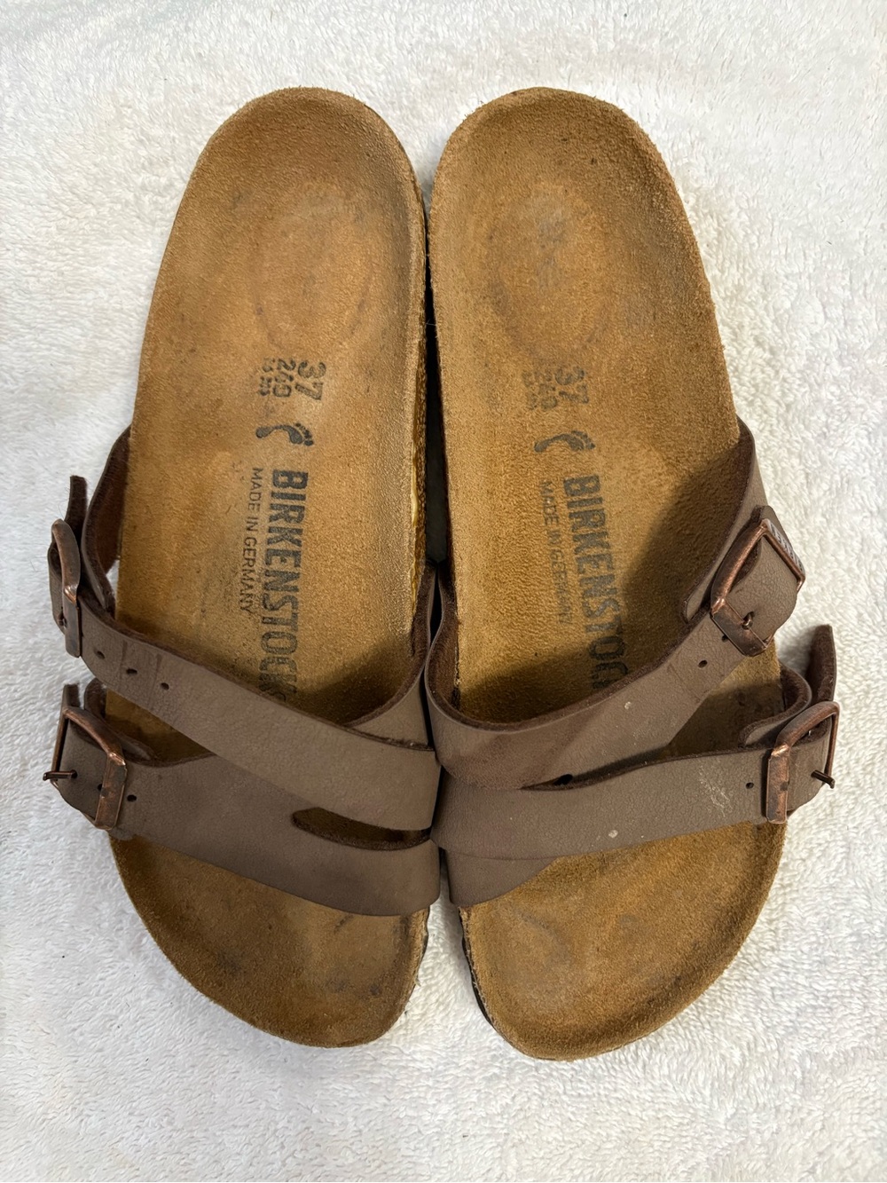 Birkenstock Yao Slide Sandals Mocha Birko-Flor Asymmetric Strappy Cork Slides 37